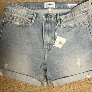 Frame Le Beau Shorts In Elsey Rips High Rise Distressed Light Wash Cuffed Hem